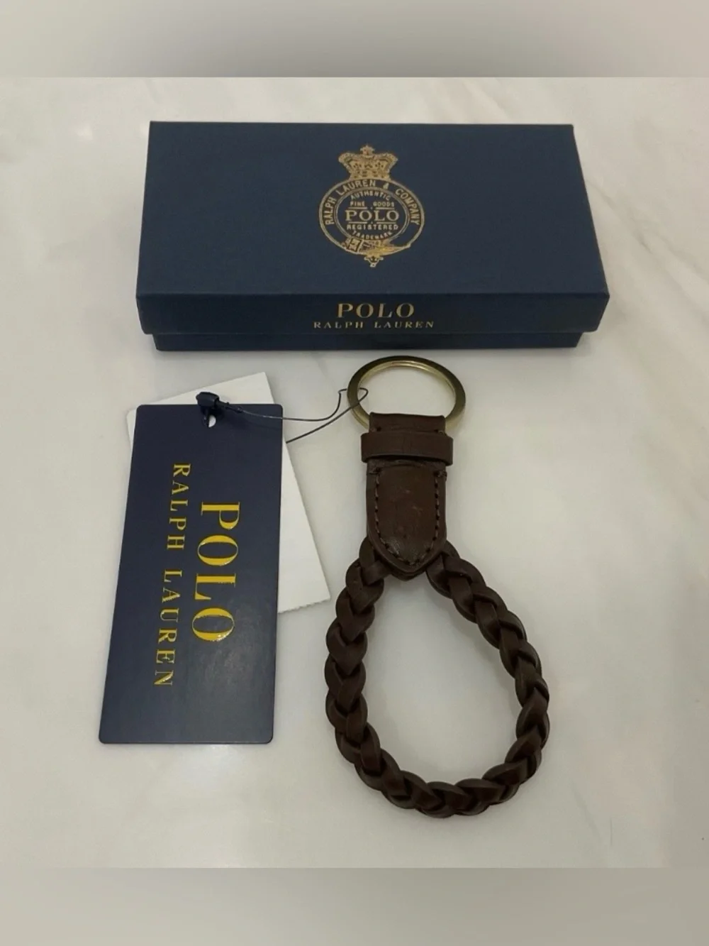 NEW Polo Ralph Lauren BRAIDED LEATHER Key Ring Keychain - BROWN